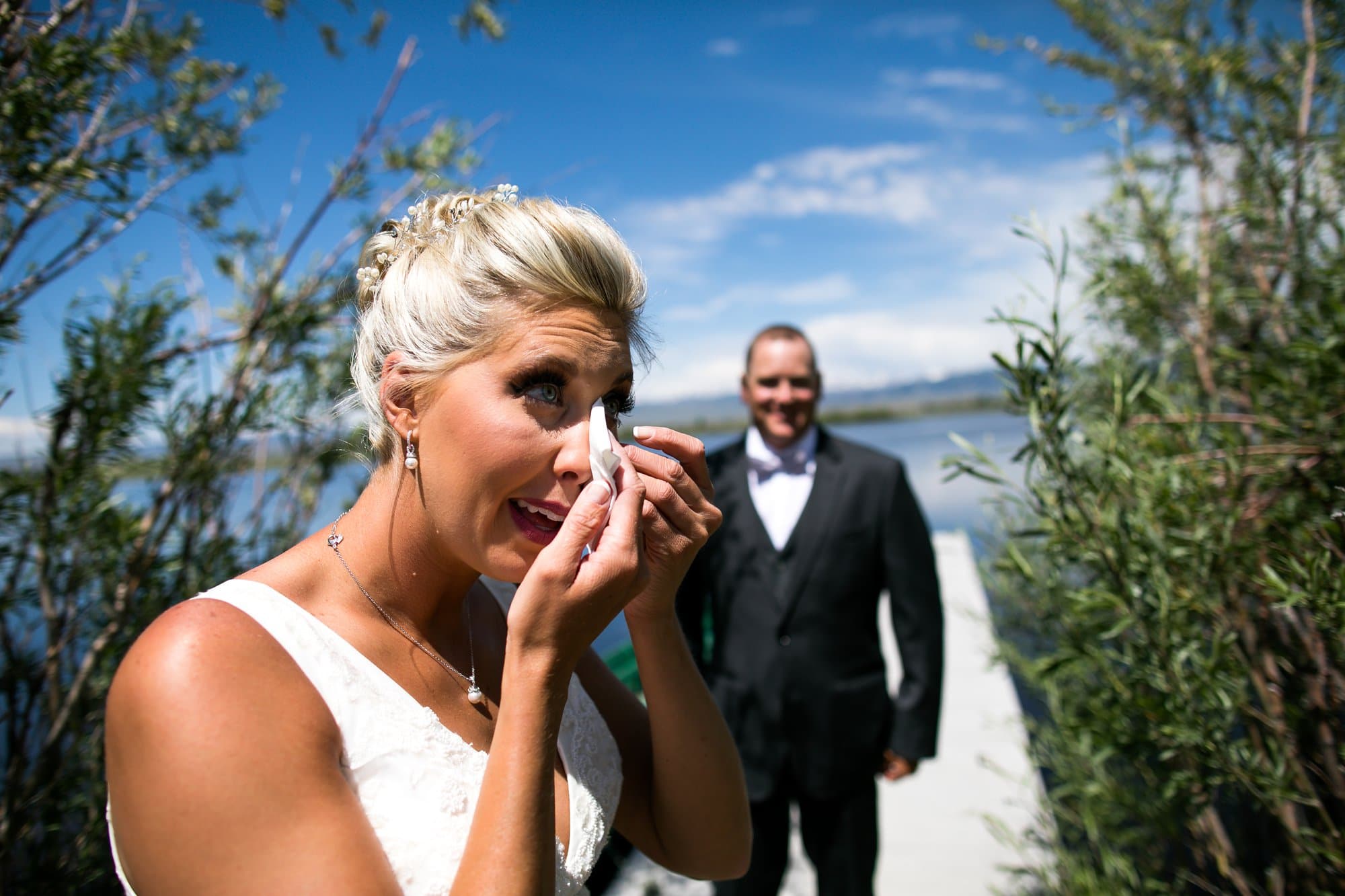 bride crying first look, wyoming