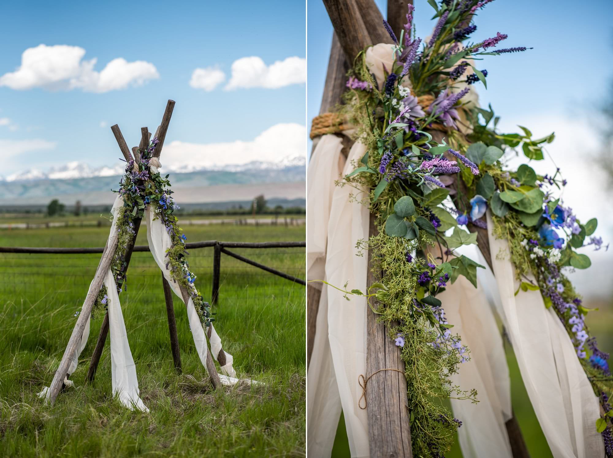 teepee wedding arch with flowers in wyoming