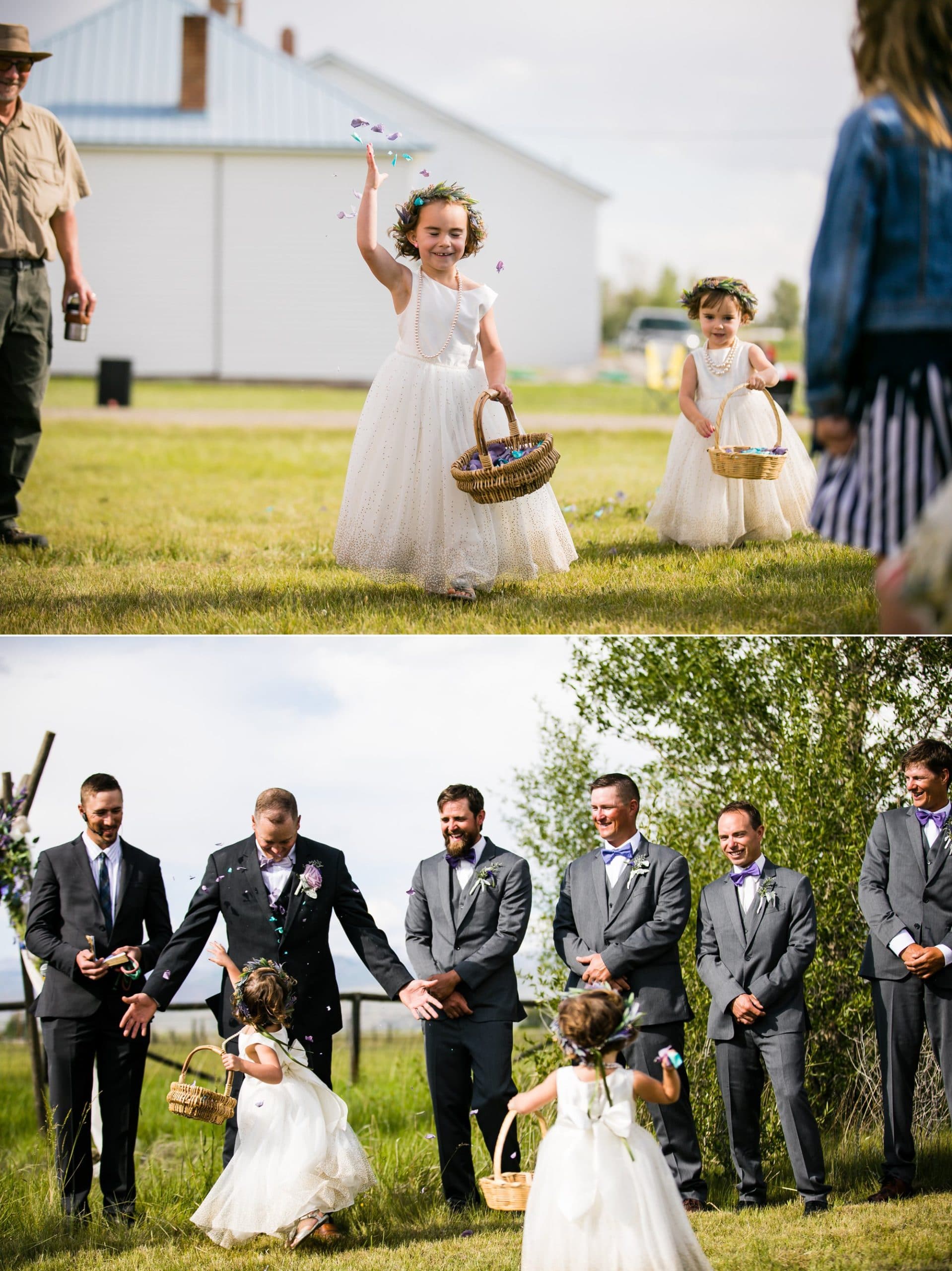 flower girl throwing flowers at groom, Wyoming wedding