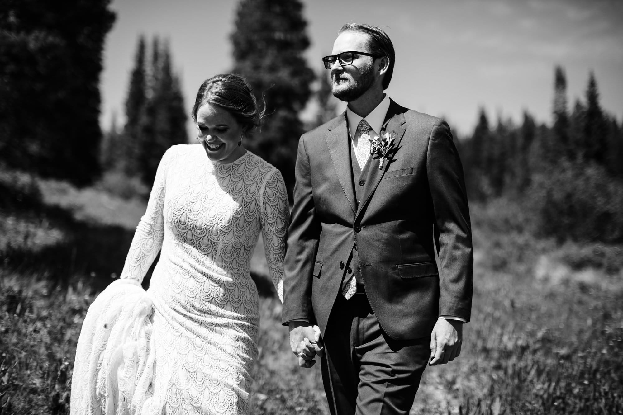 bride walking in mountains colorado